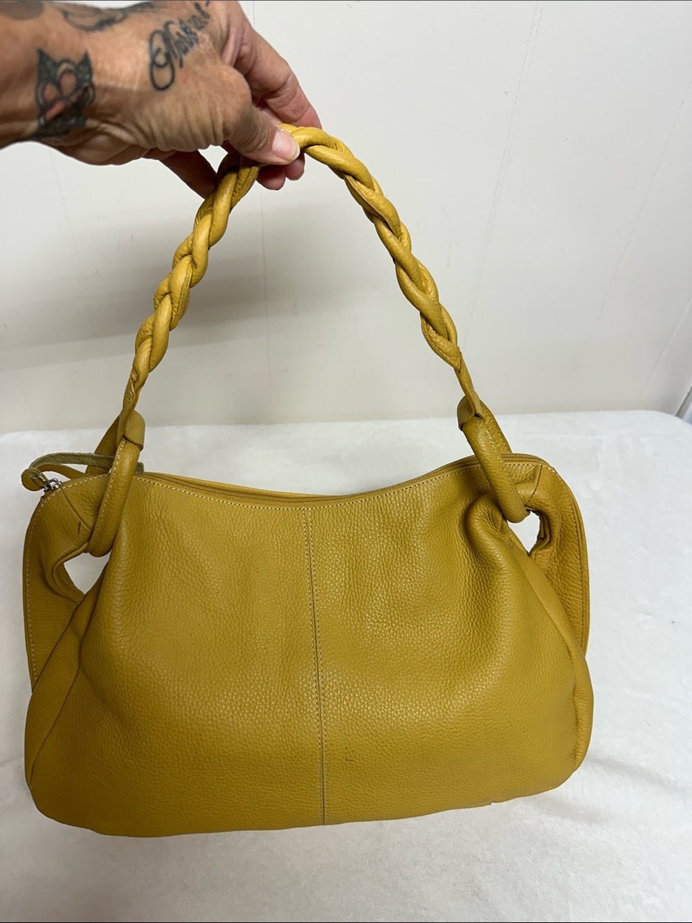 Ombu Leather Mustard Yellow Braided-Handle Shoulder Bag